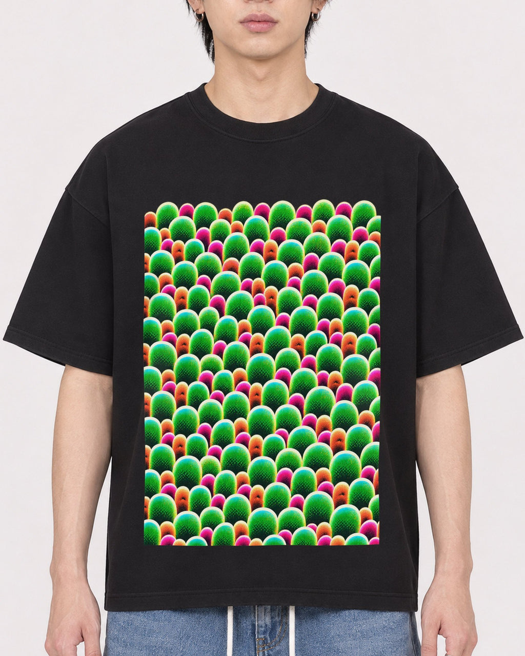Mockup Boxy Heavyweight Tee Black male close-up 11