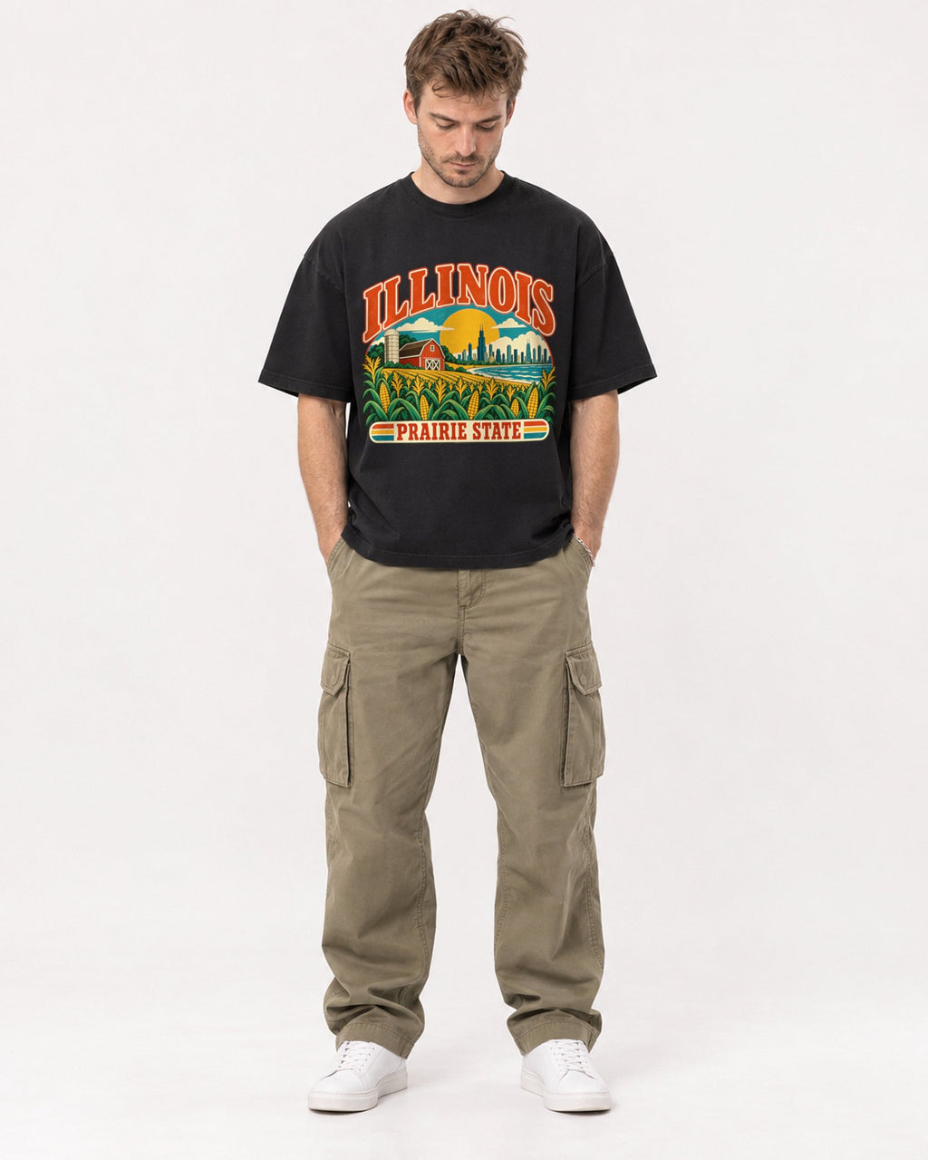 Mockup Boxy Heavyweight Tee Black male full-body 08