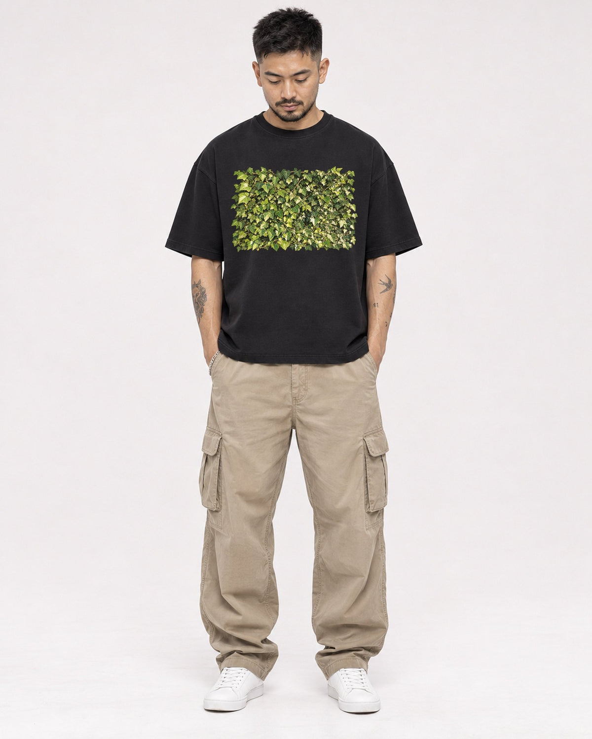 Mockup Boxy Heavyweight Tee Black male full-body 12