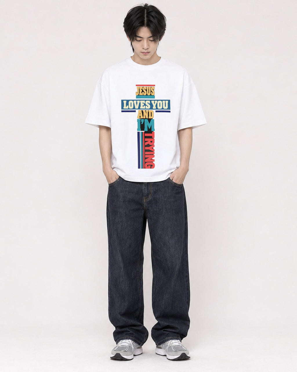 Mockup Boxy Heavyweight Tee White male full-body 11