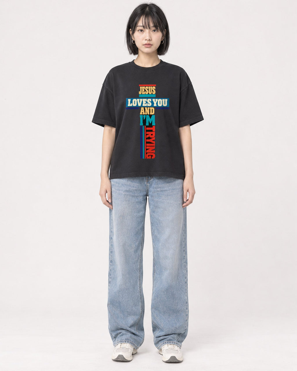 Mockup Boxy Heavyweight Tee Black female full-body 11