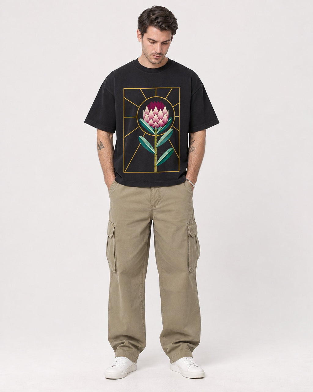 Mockup Boxy Heavyweight Tee Black male full-body 48