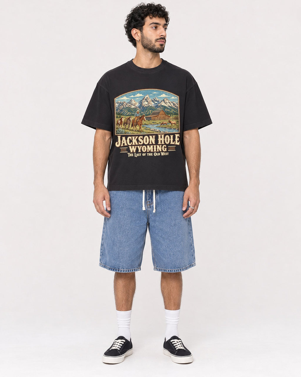 Mockup Boxy Heavyweight Tee Black male full-body 27