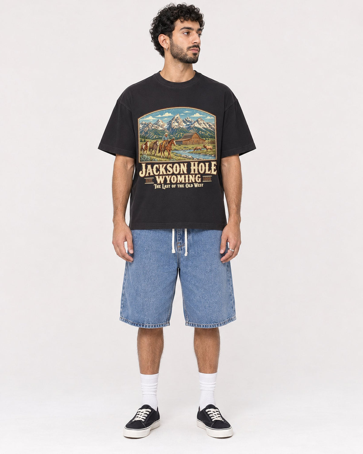 Mockup Boxy Heavyweight Tee Black male full-body 27
