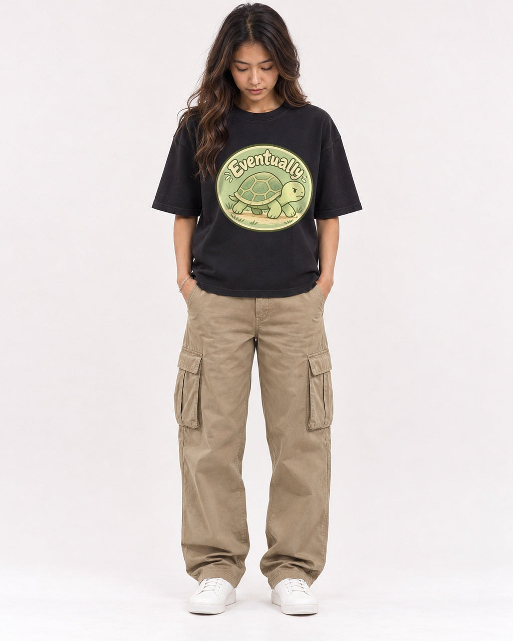 Mockup Boxy Heavyweight Tee Black female full-body 02