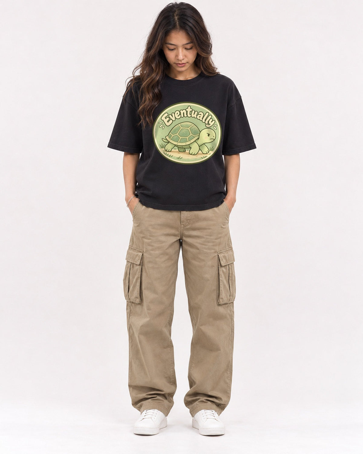 Mockup Boxy Heavyweight Tee Black female full-body 02