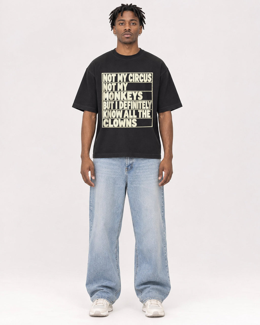 Mockup Boxy Heavyweight Tee Black male full-body 05