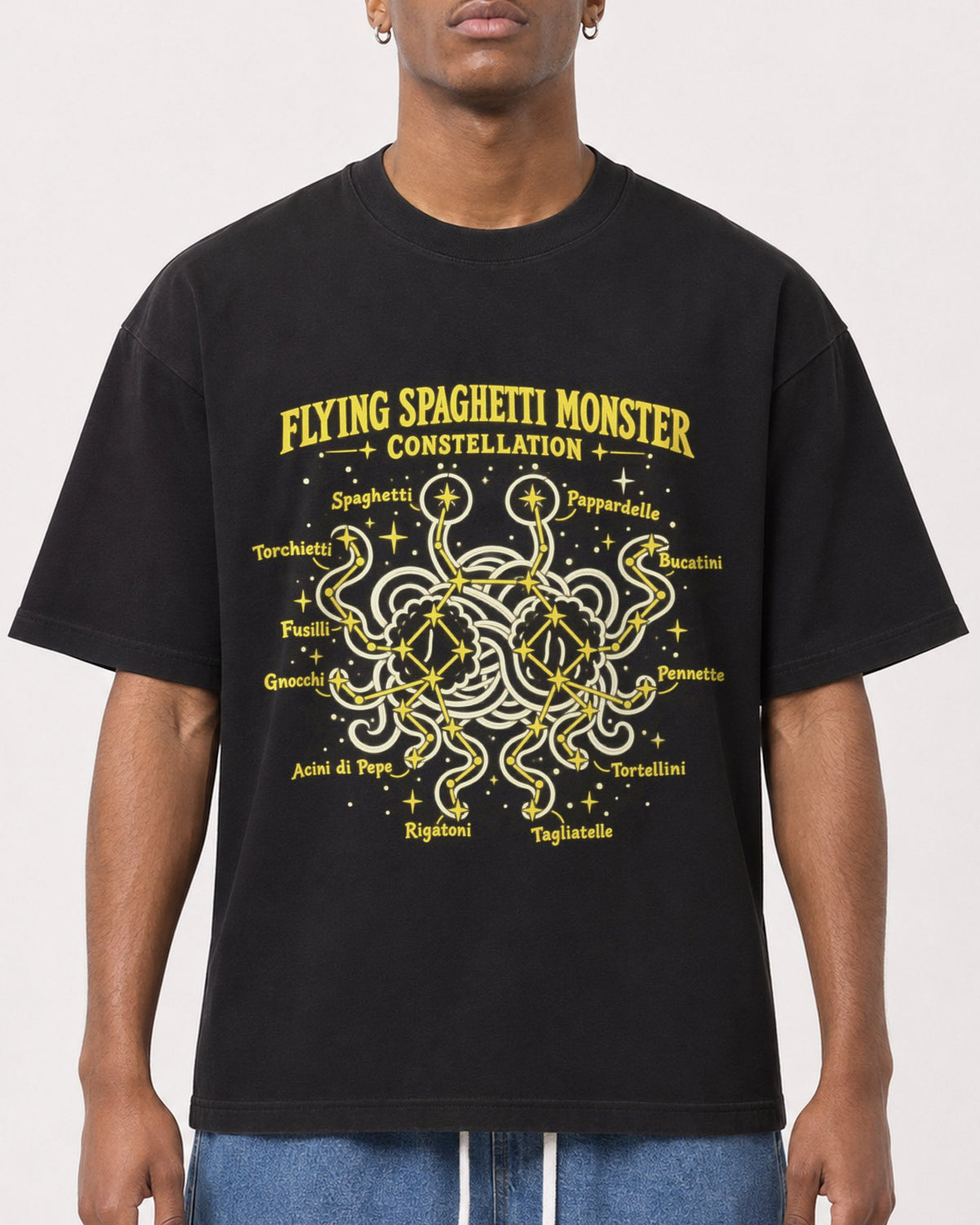 Mockup Boxy Heavyweight Tee Black male close-up 15