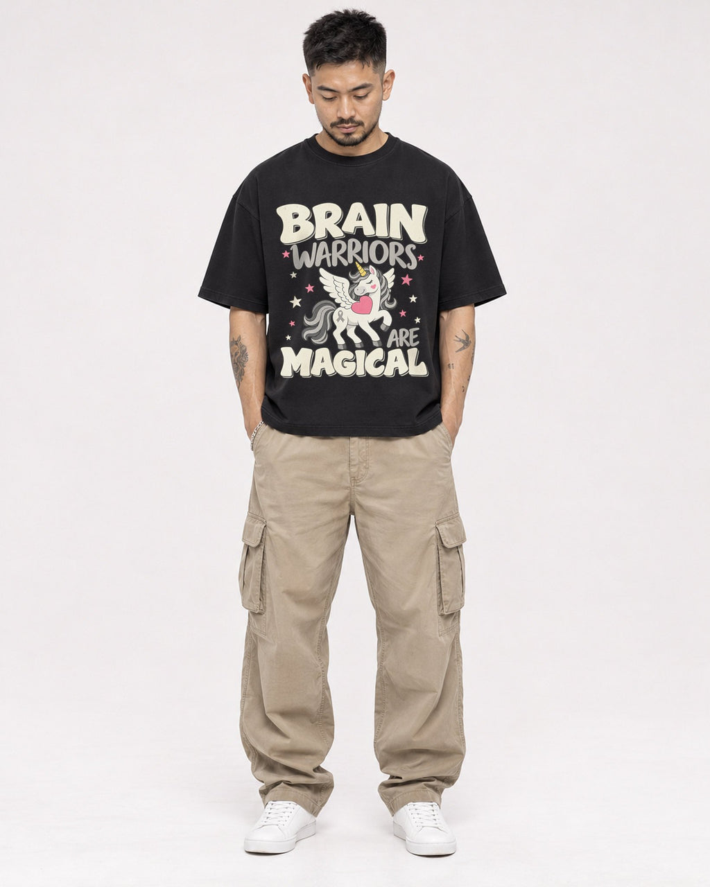 Mockup Boxy Heavyweight Tee Black male full-body 12