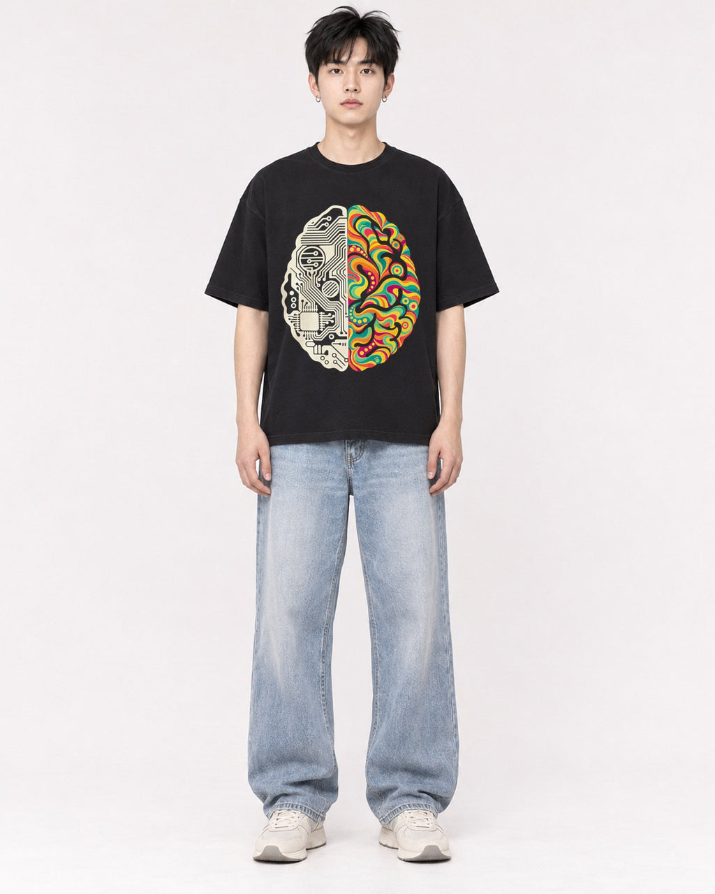Mockup Boxy Heavyweight Tee Black male full-body 01