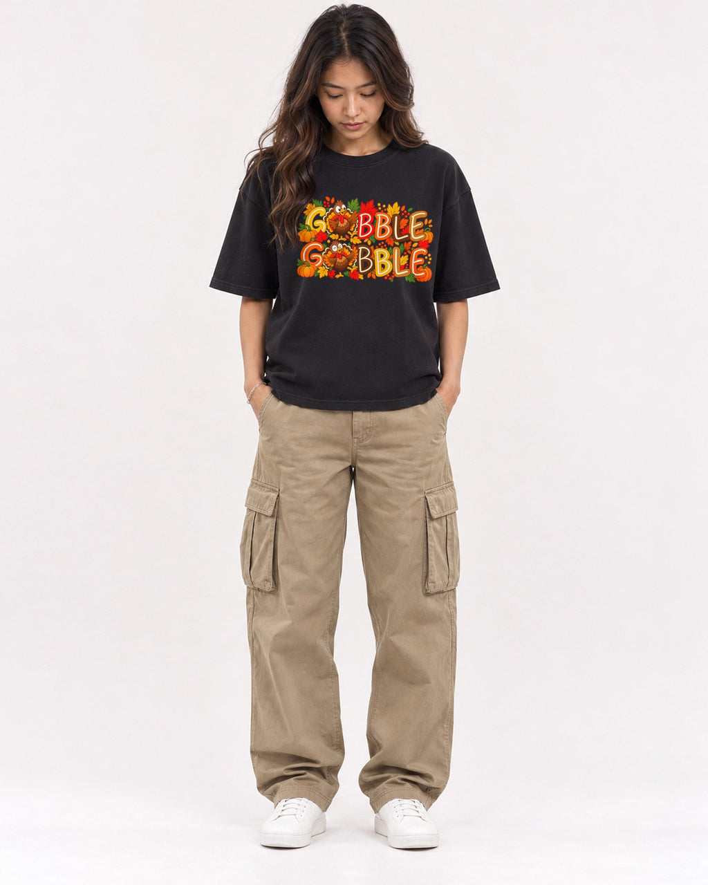 Mockup Boxy Heavyweight Tee Black female full-body 02