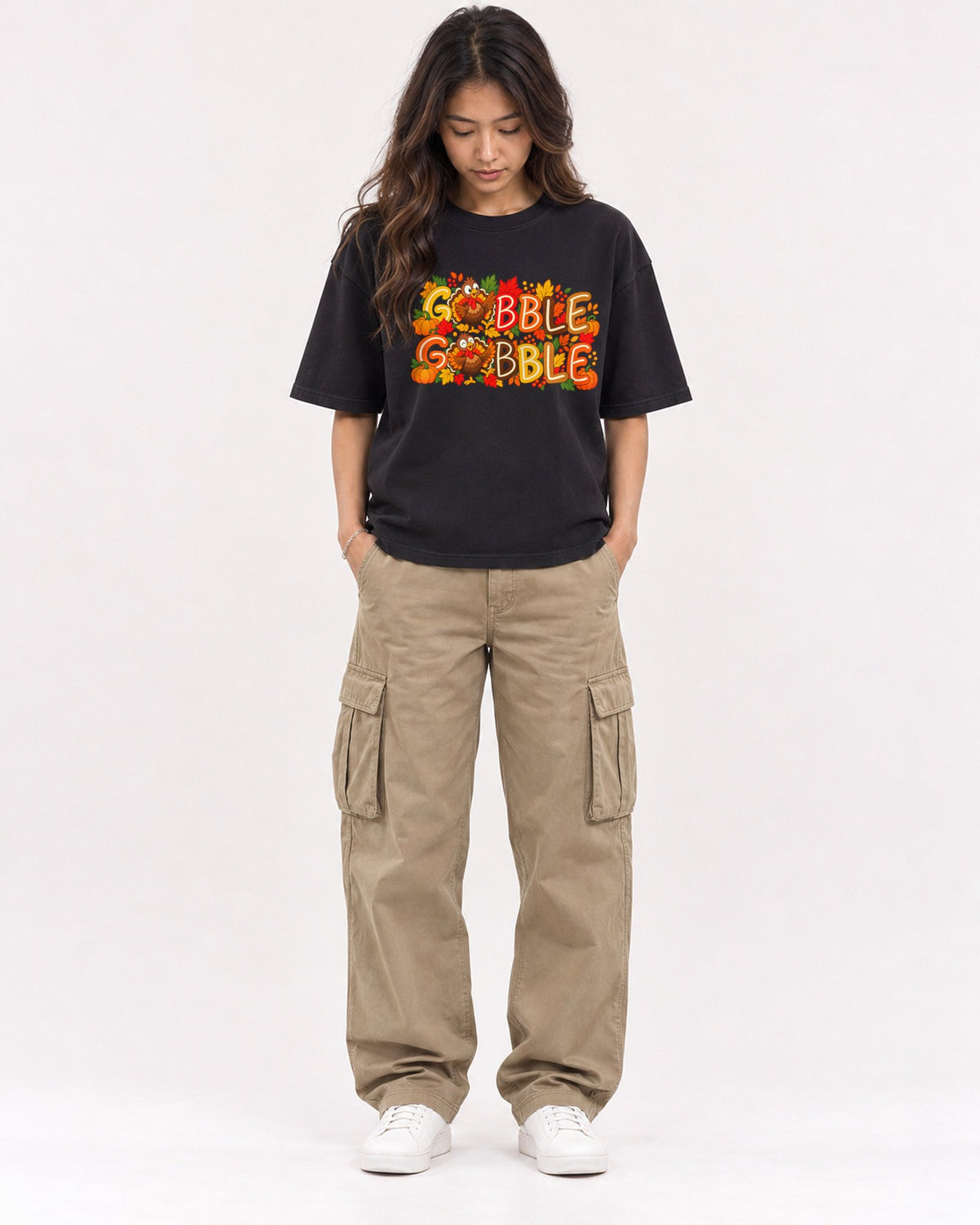 Mockup Boxy Heavyweight Tee Black female full-body 02