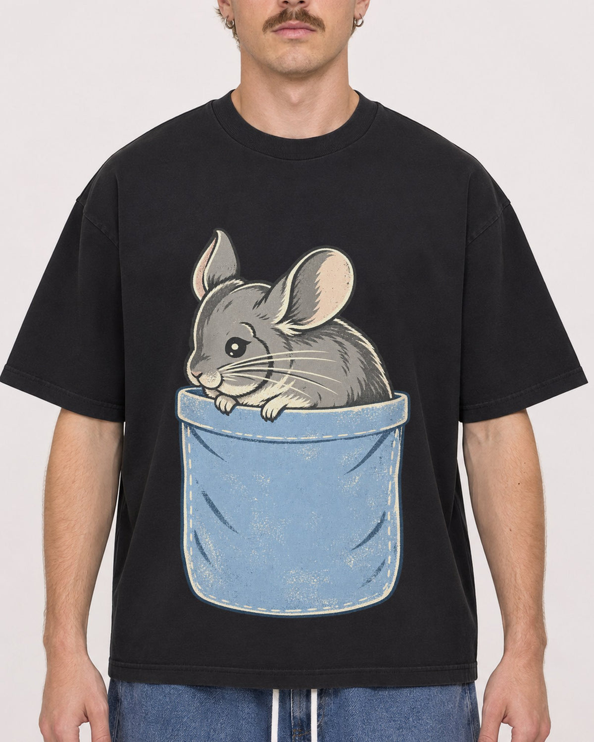 Mockup Boxy Heavyweight Tee Black male close-up 19