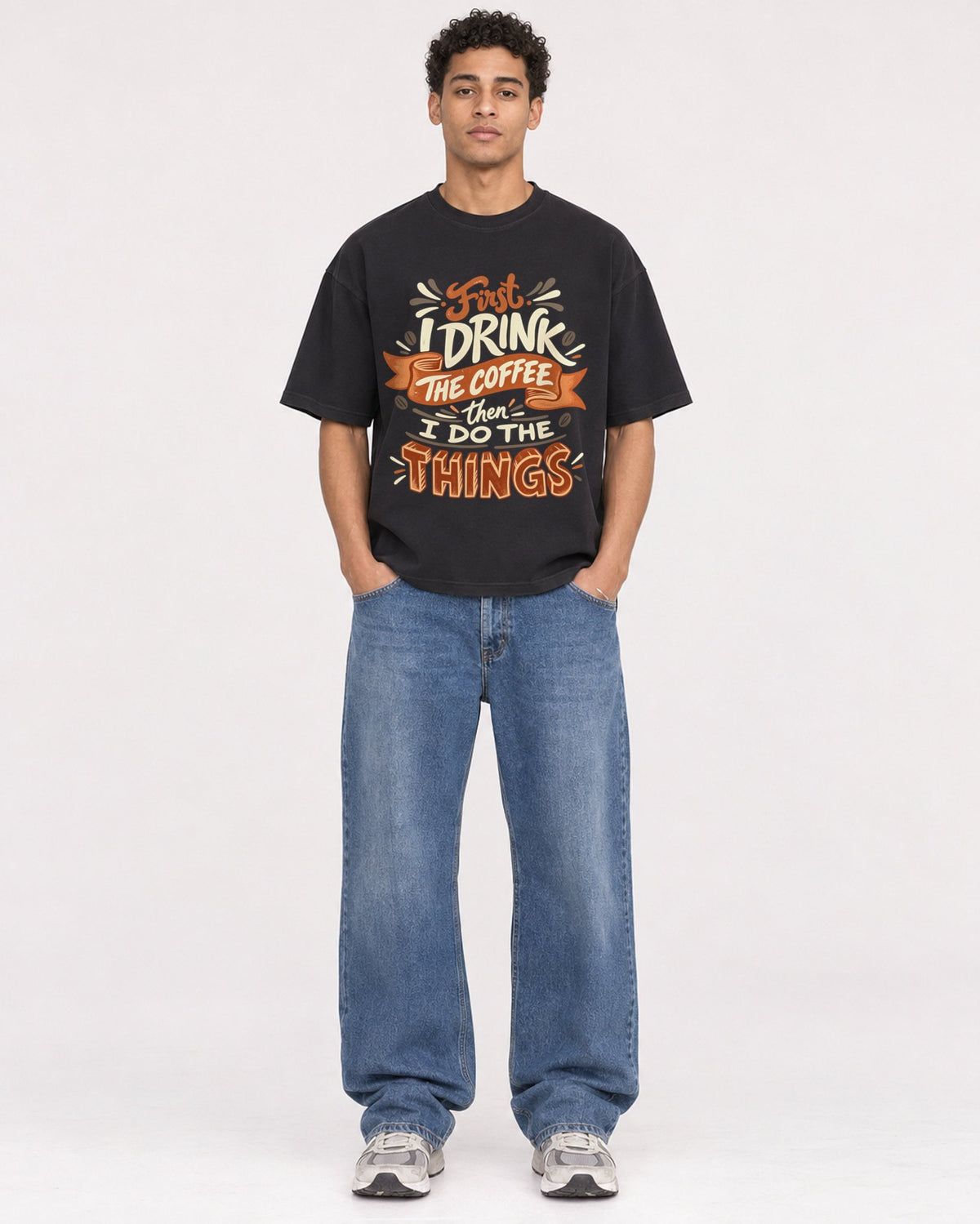 Mockup Boxy Heavyweight Tee Black male full-body 10