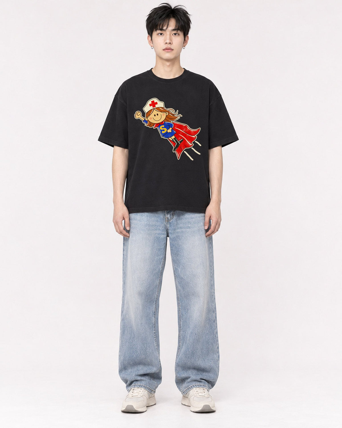Mockup Boxy Heavyweight Tee Black male full-body 01
