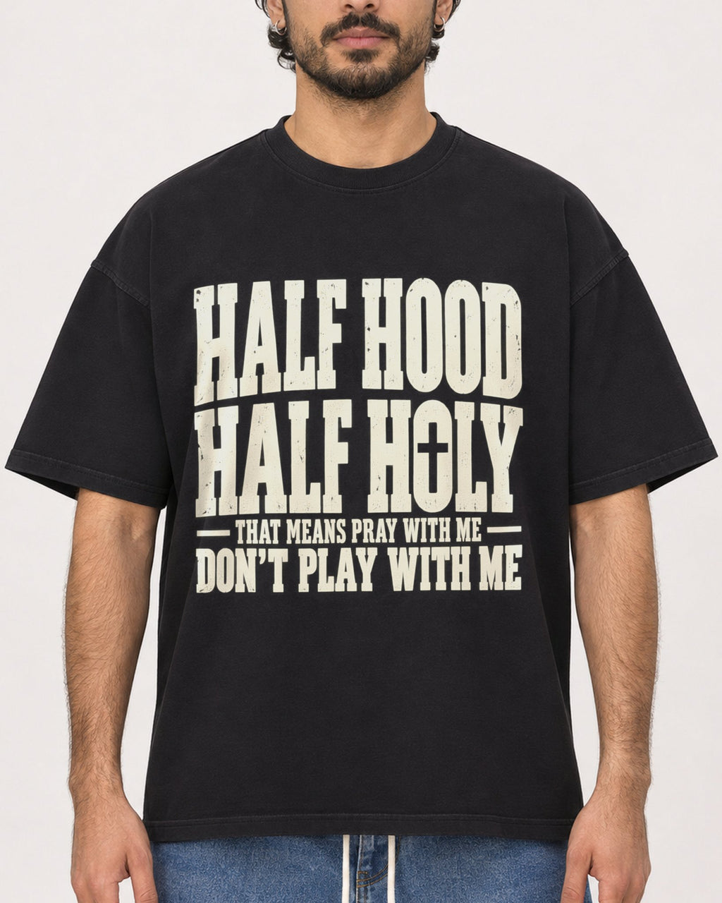Mockup Boxy Heavyweight Tee Black male close-up 47