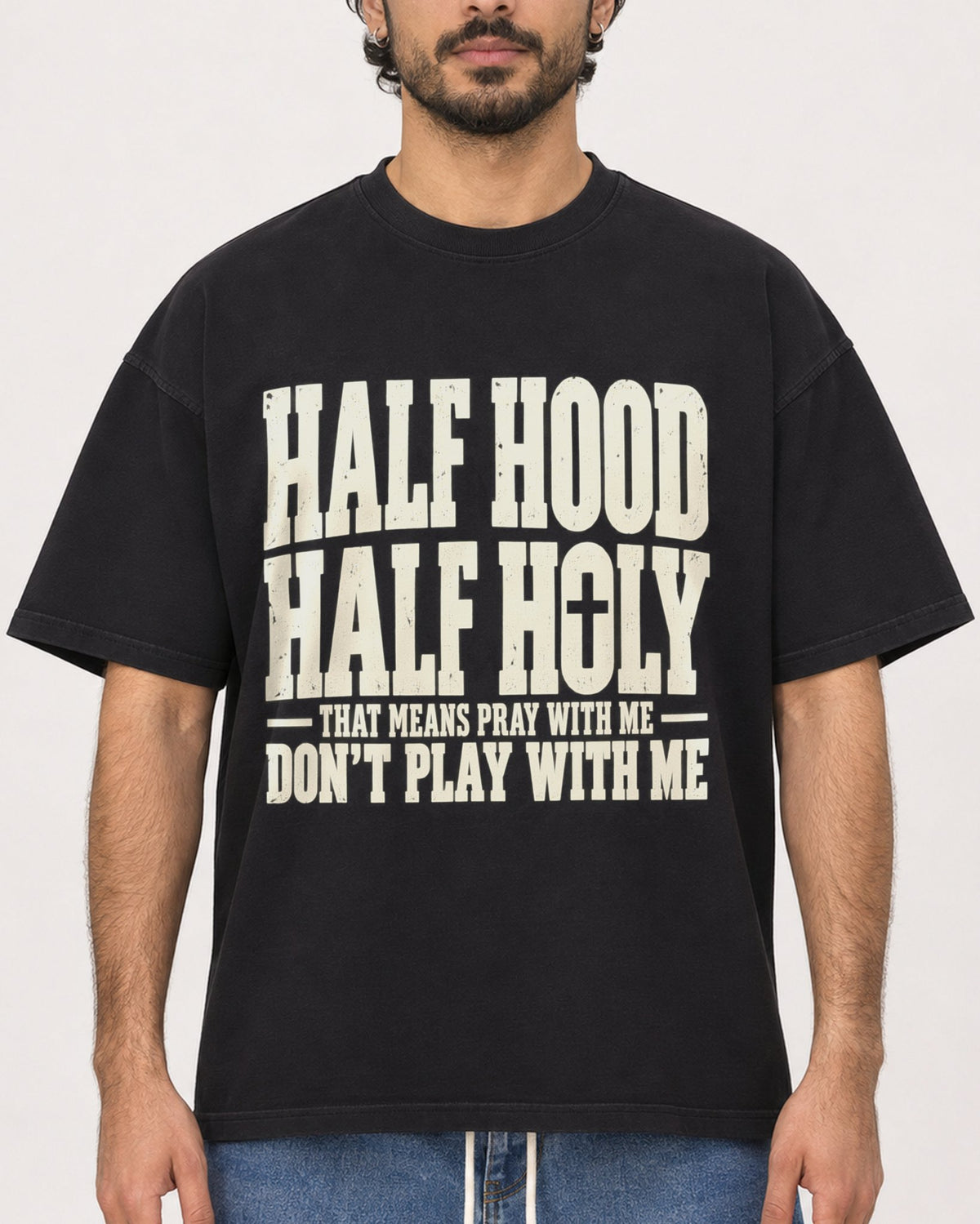 Mockup Boxy Heavyweight Tee Black male close-up 47