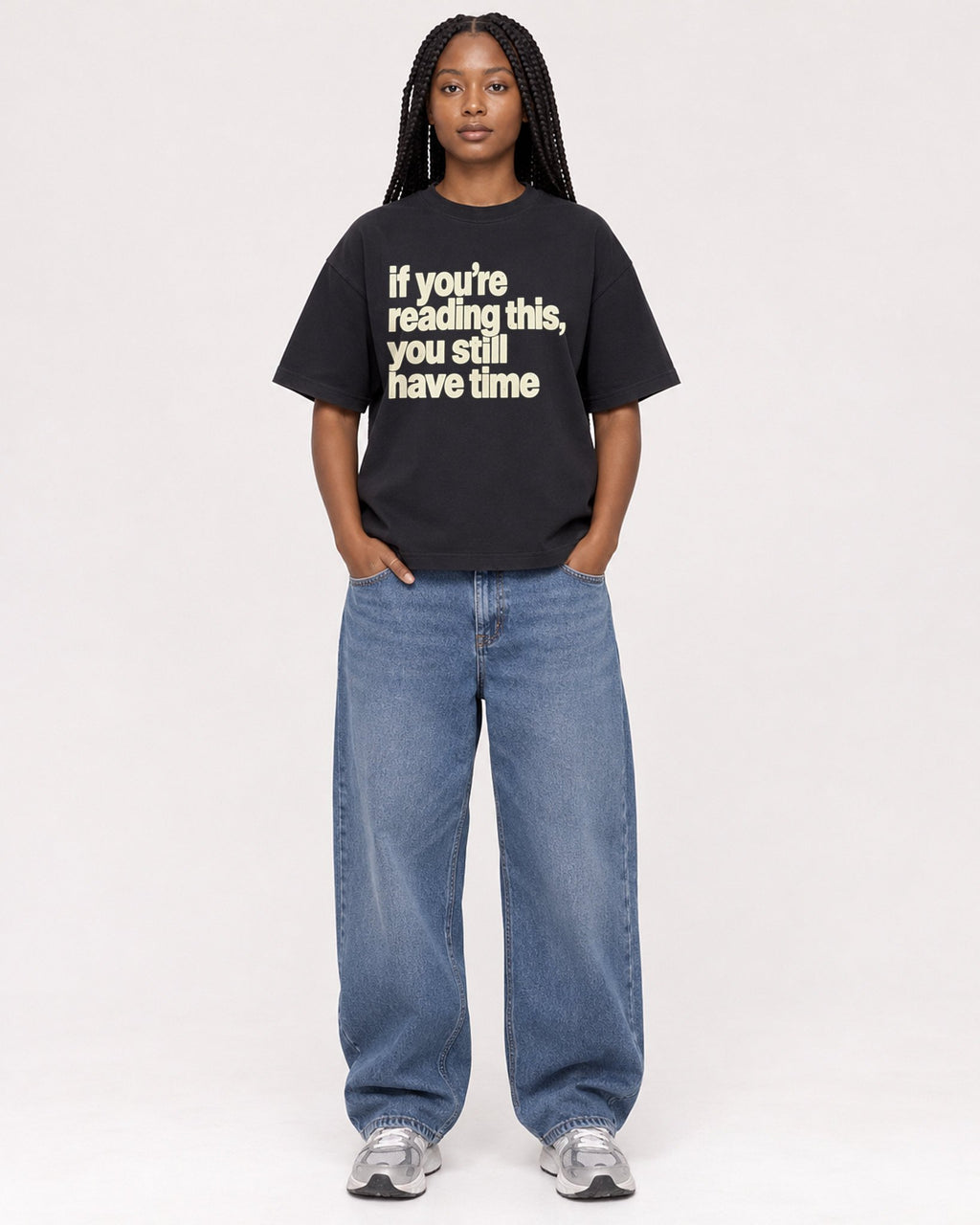 Mockup Boxy Heavyweight Tee Black female full-body 04