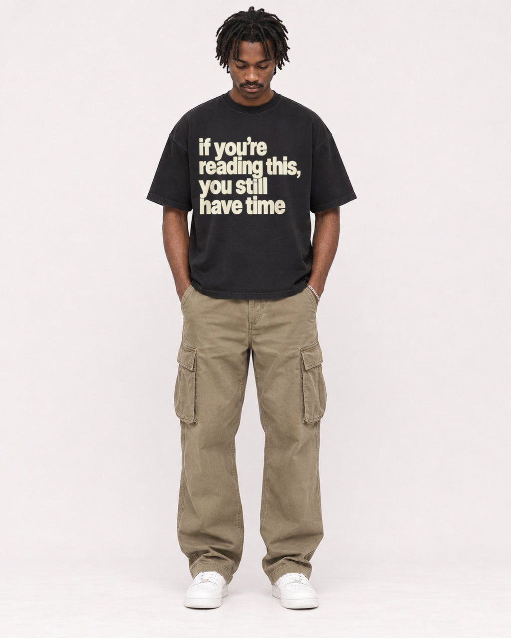 Mockup Boxy Heavyweight Tee Black male full-body 04