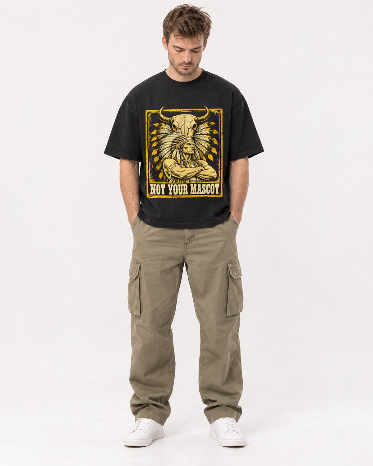 Mockup Boxy Heavyweight Tee Black male full-body 08