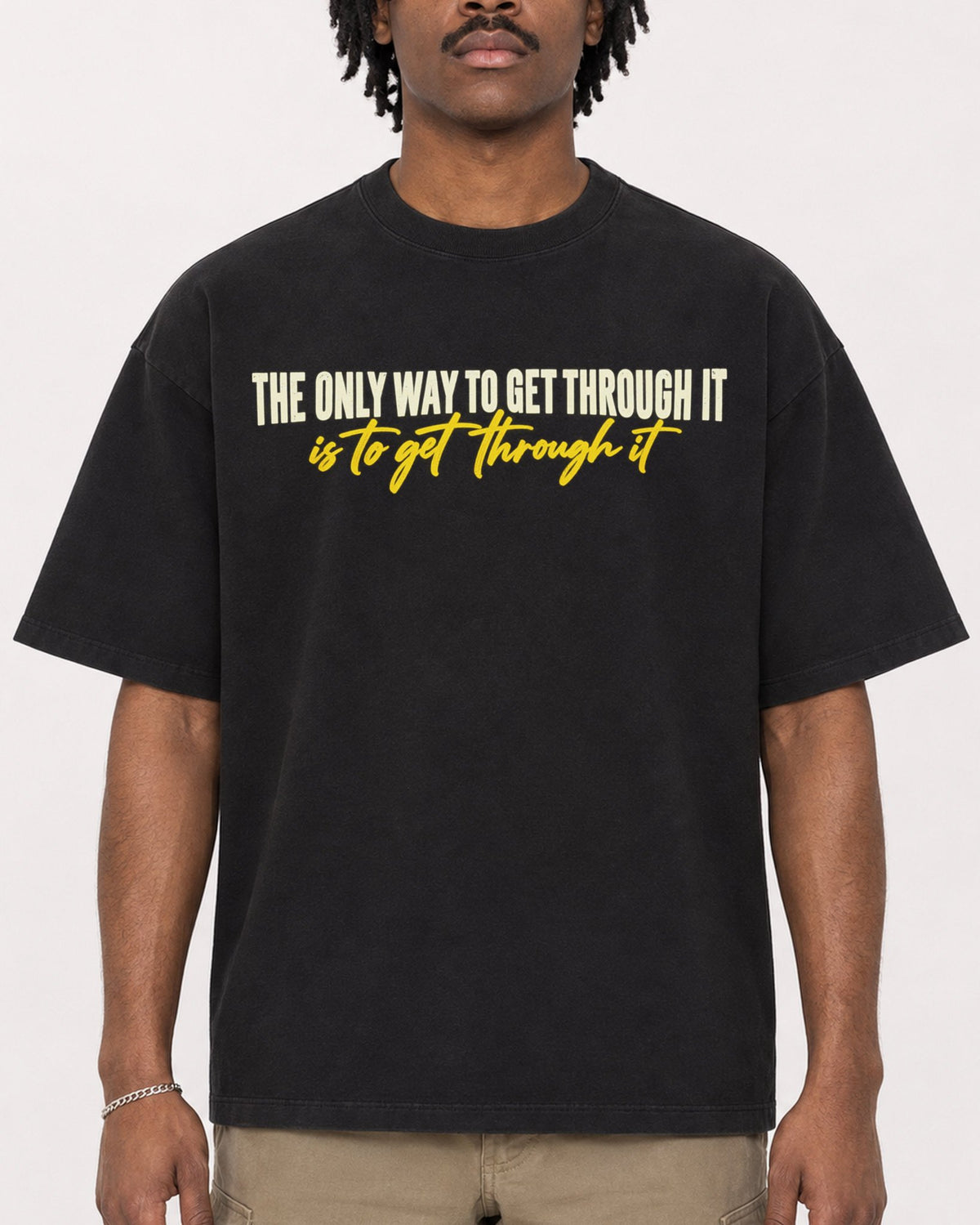 Mockup Boxy Heavyweight Tee Black male close-up 04