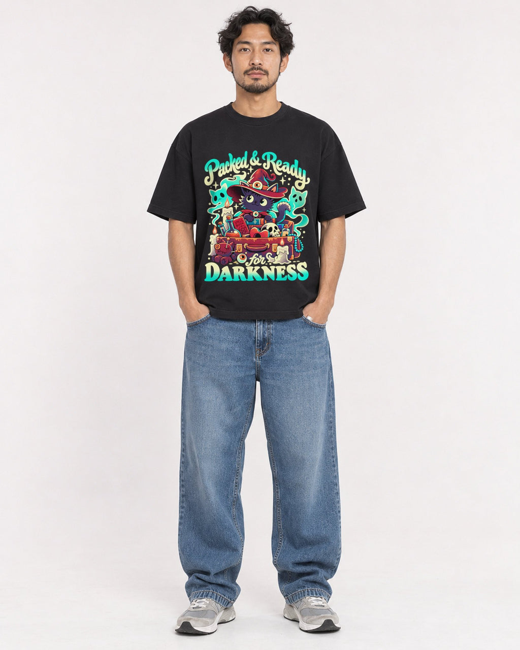 Mockup Boxy Heavyweight Tee Black male full-body 02
