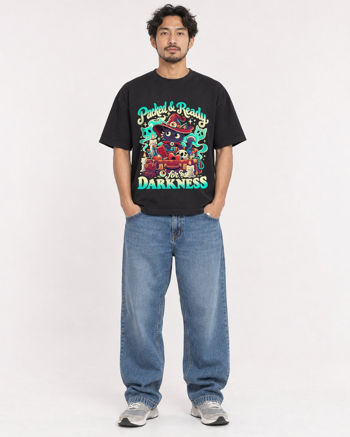 Mockup Boxy Heavyweight Tee Black male full-body 02