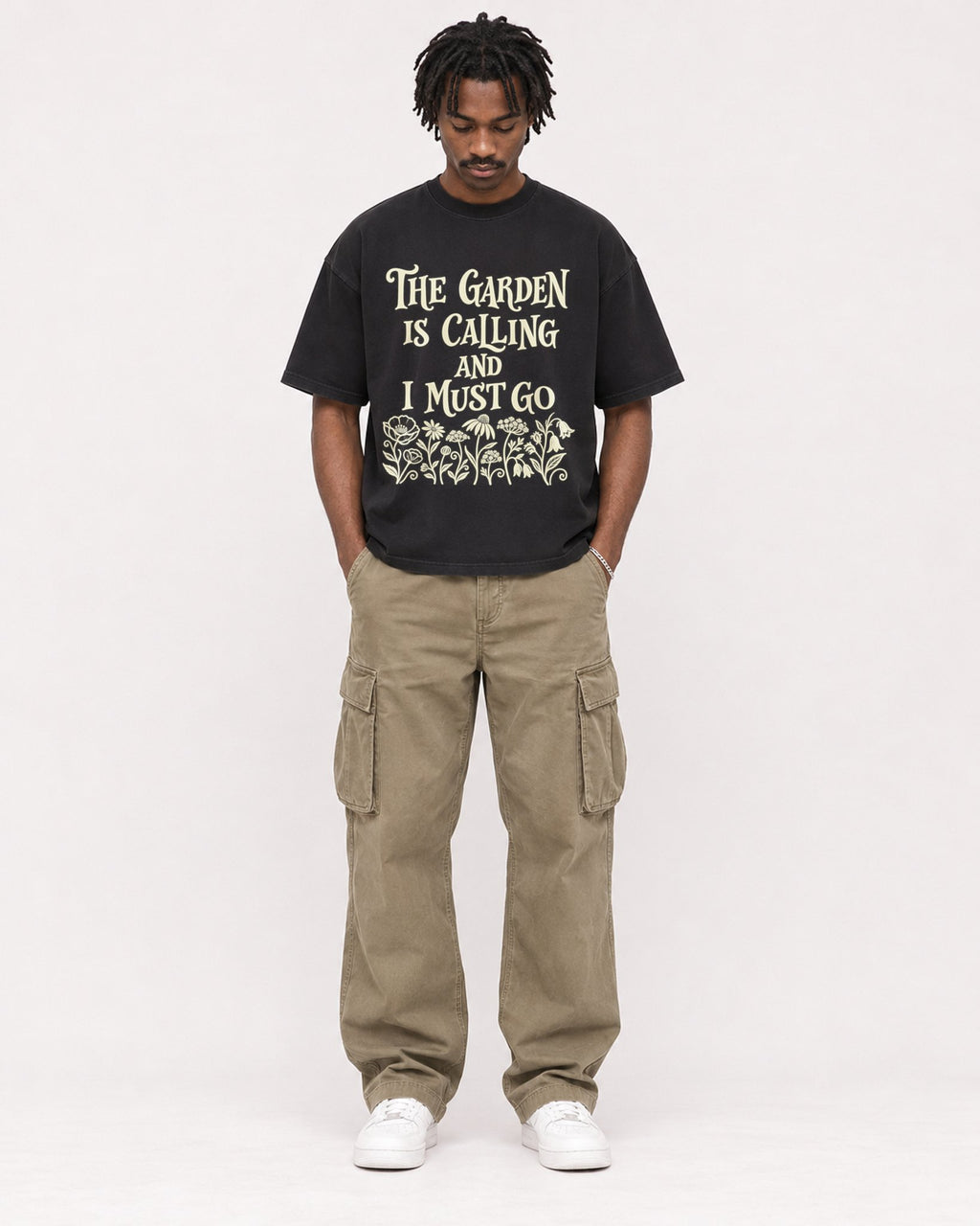 Mockup Boxy Heavyweight Tee Black male full-body 04