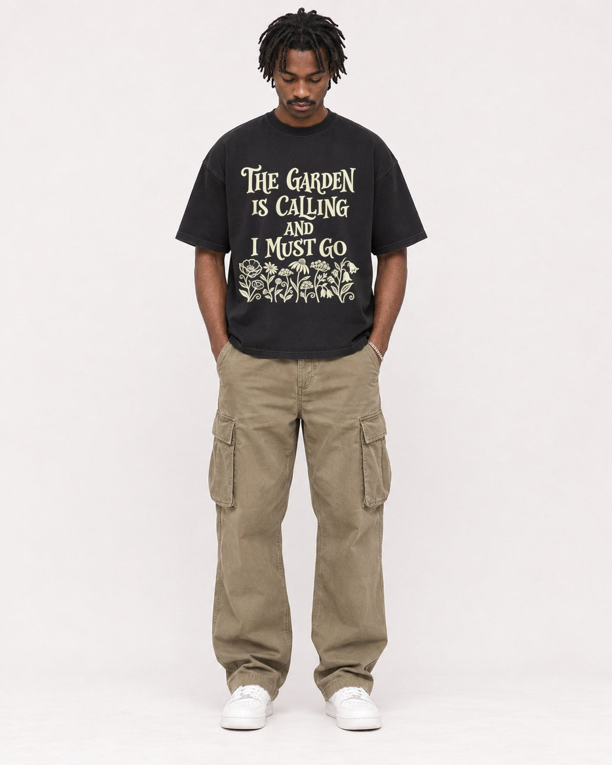 Mockup Boxy Heavyweight Tee Black male full-body 04