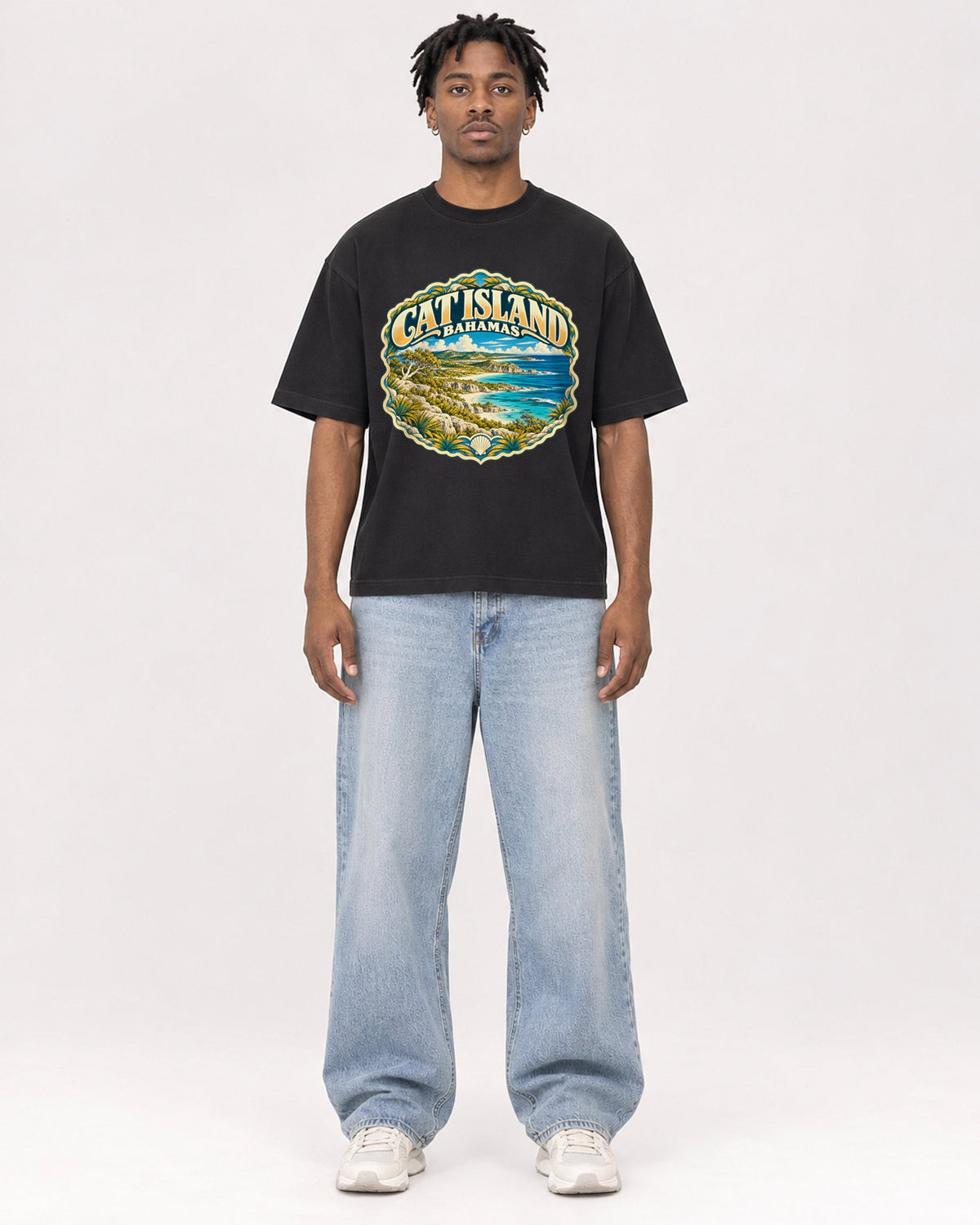 Mockup Boxy Heavyweight Tee Black male full-body 05