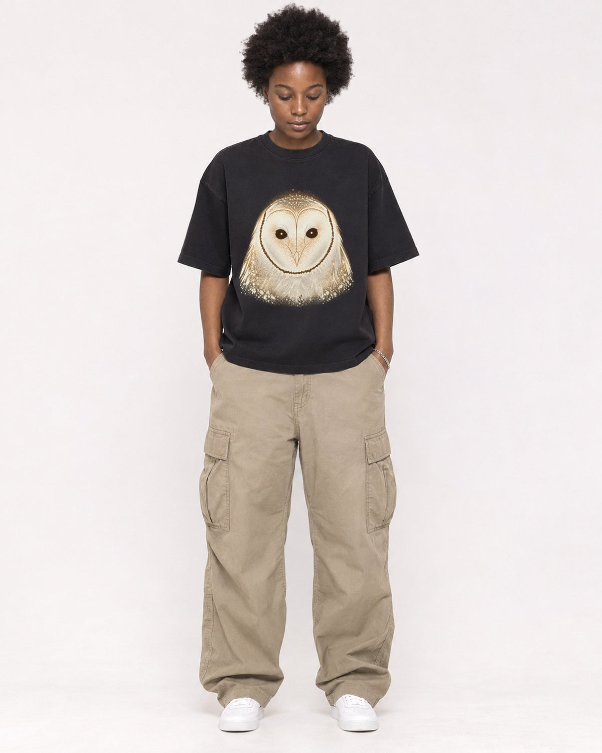 Mockup Boxy Heavyweight Tee Black female full-body 14