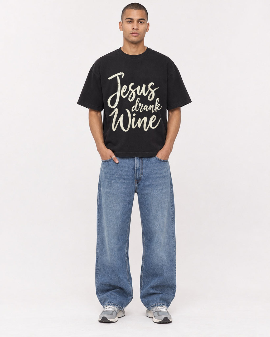 Mockup Boxy Heavyweight Tee Black male full-body 50