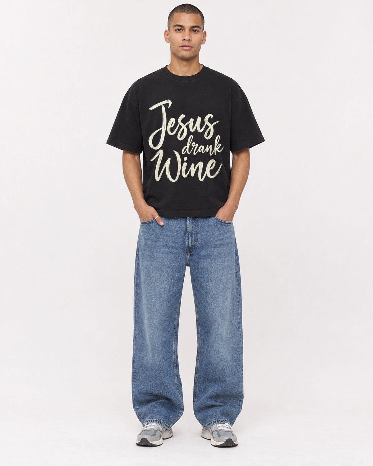 Mockup Boxy Heavyweight Tee Black male full-body 50