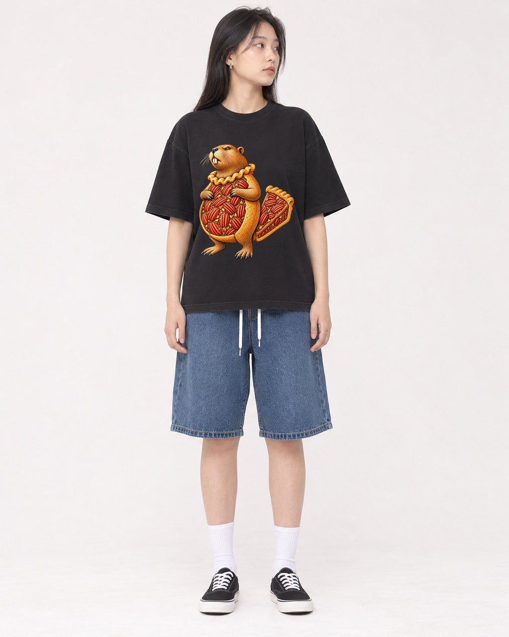 Mockup Boxy Heavyweight Tee Black female full-body 01