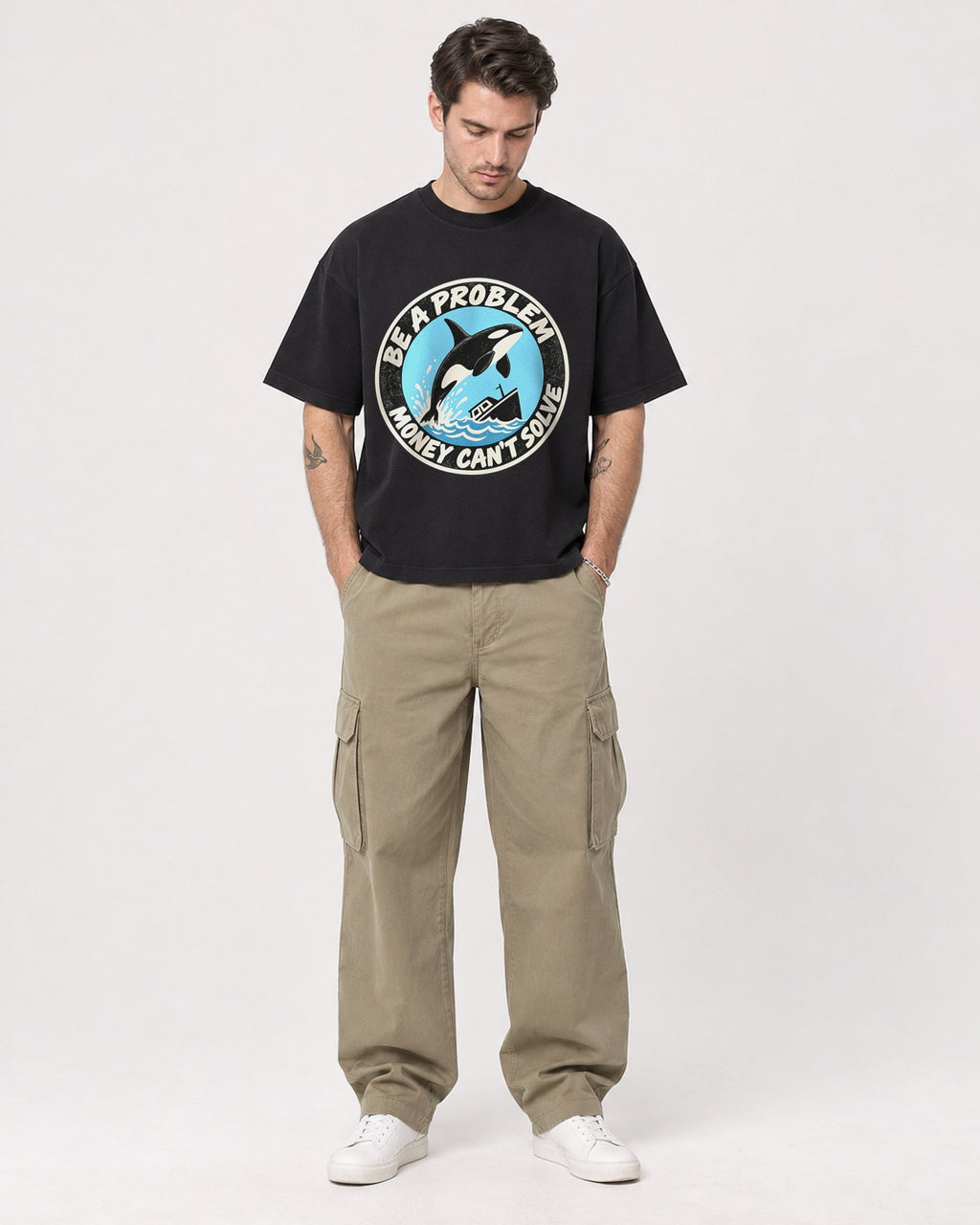 Mockup Boxy Heavyweight Tee Black male full-body 48