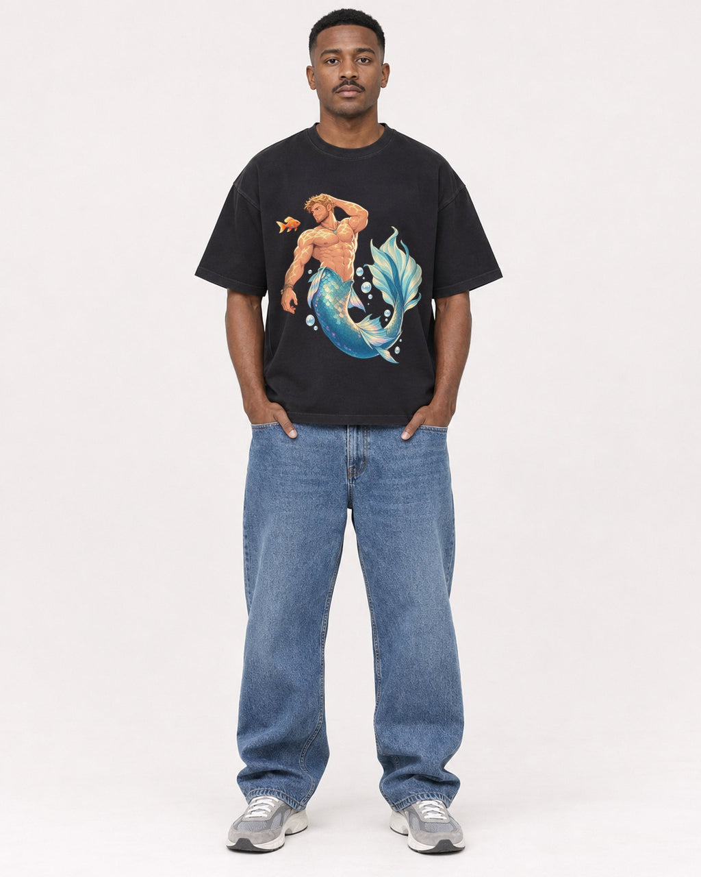 Mockup Boxy Heavyweight Tee Black male full-body 14