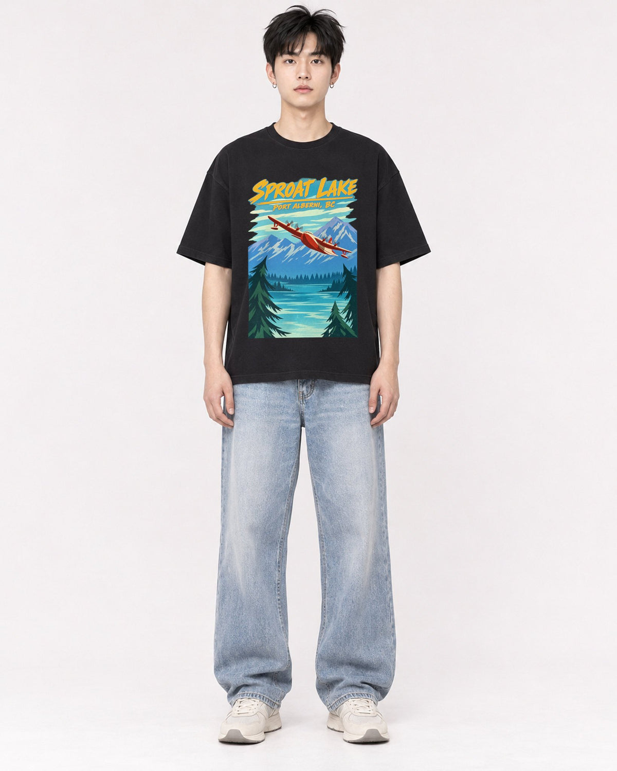 Mockup Boxy Heavyweight Tee Black male full-body 01