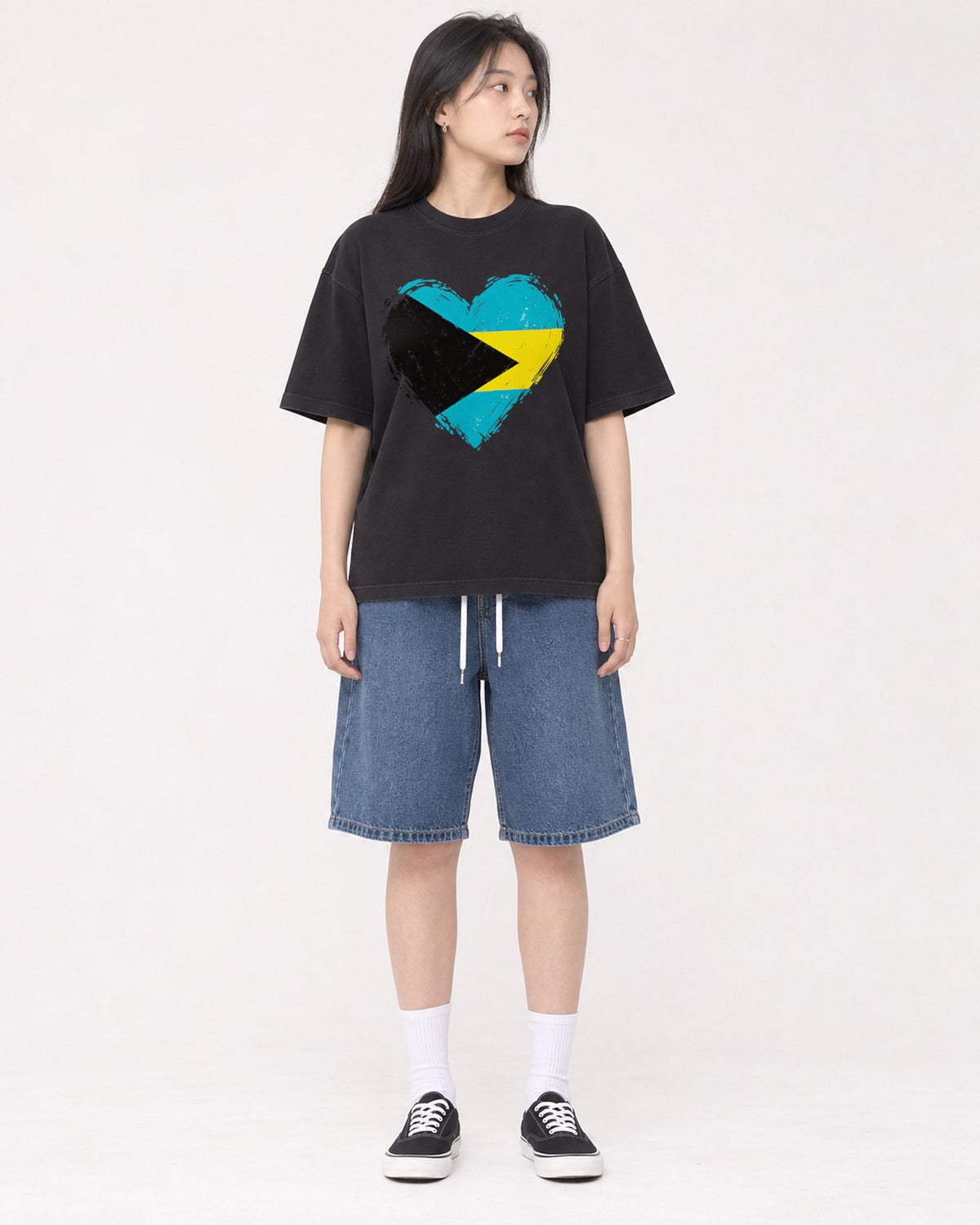 Mockup Boxy Heavyweight Tee Black female full-body 01