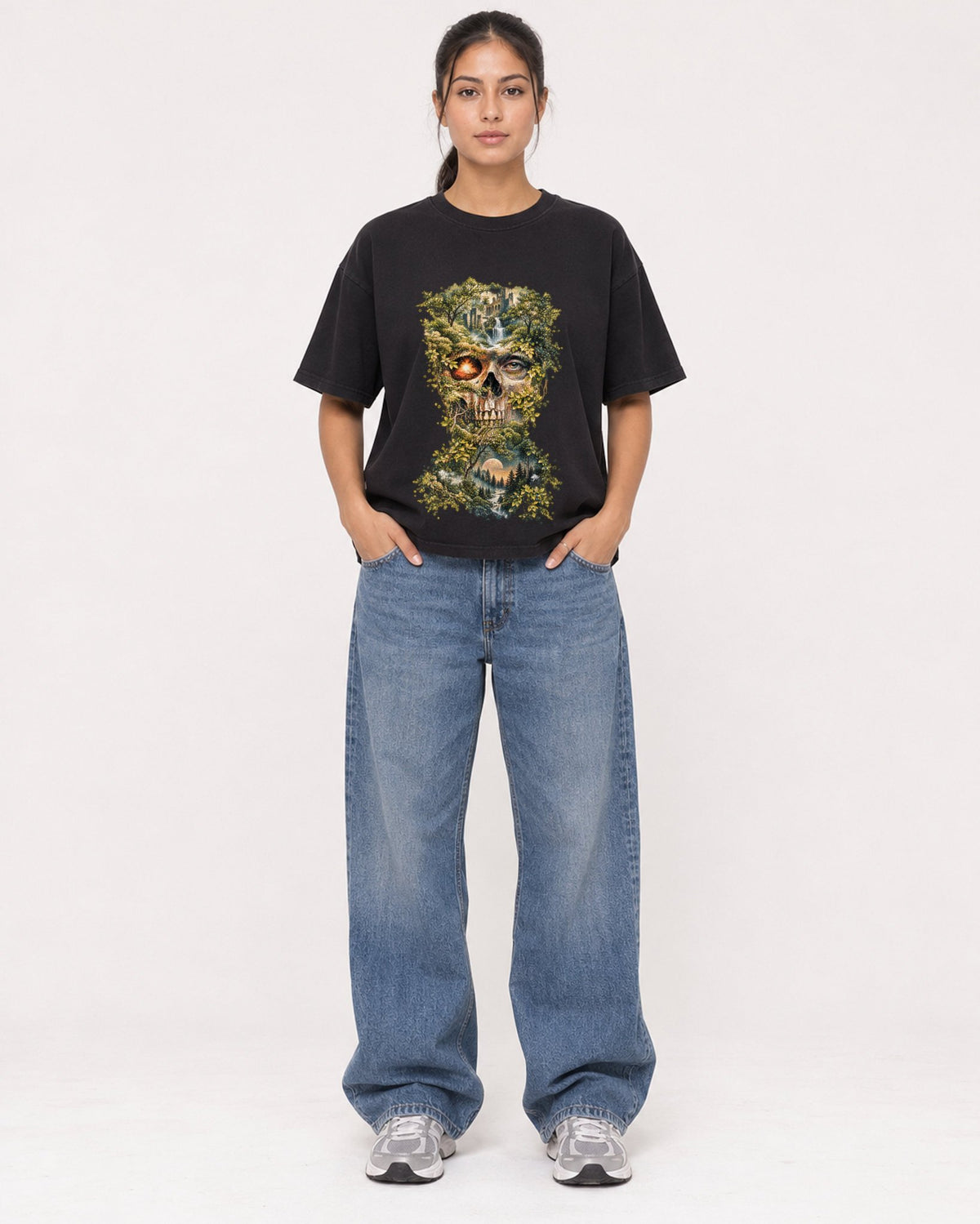 Mockup Boxy Heavyweight Tee Black female full-body 16