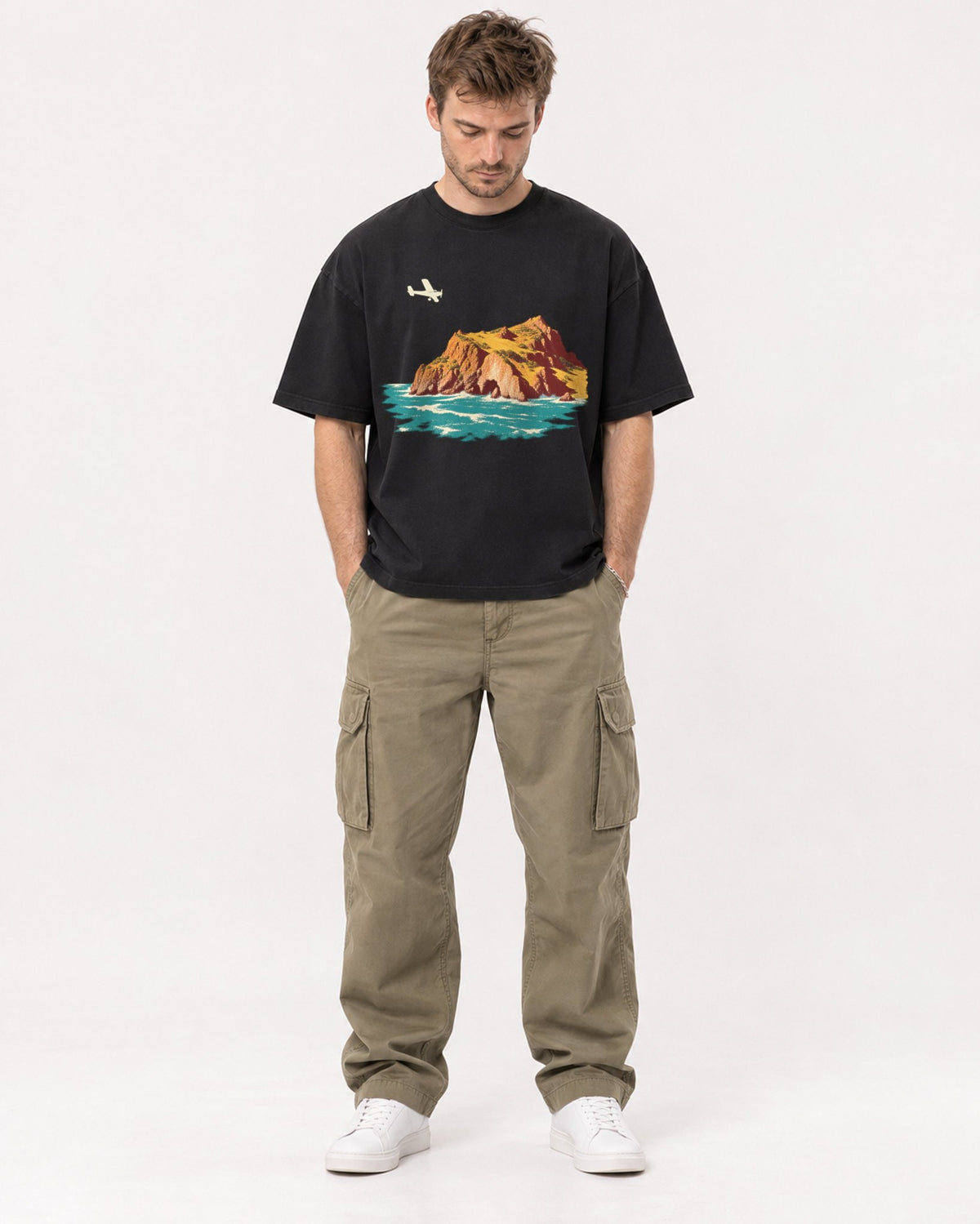 Mockup Boxy Heavyweight Tee Black male full-body 08