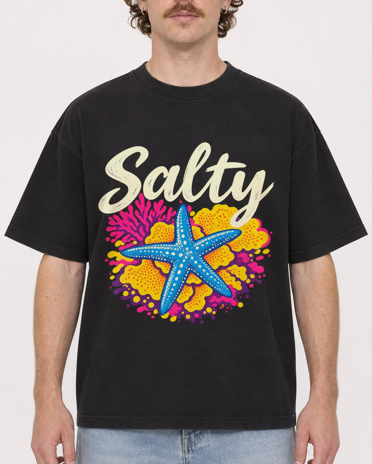 Mockup Boxy Heavyweight Tee Black male close-up 09