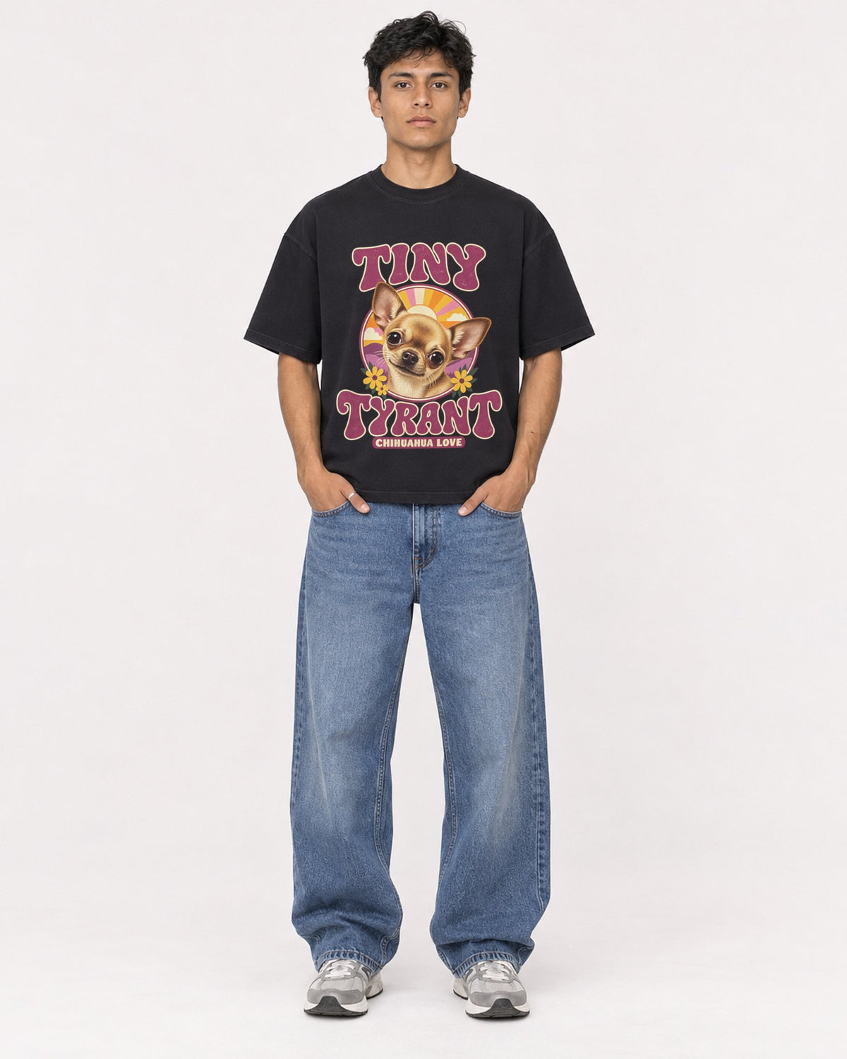 Mockup Boxy Heavyweight Tee Black male full-body 46