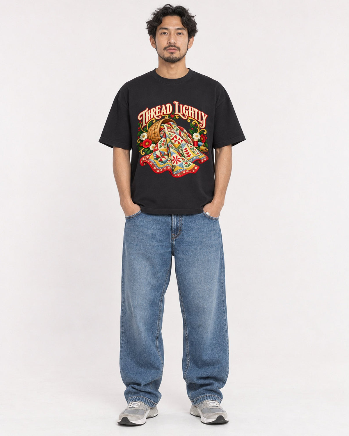 Mockup Boxy Heavyweight Tee Black male full-body 02