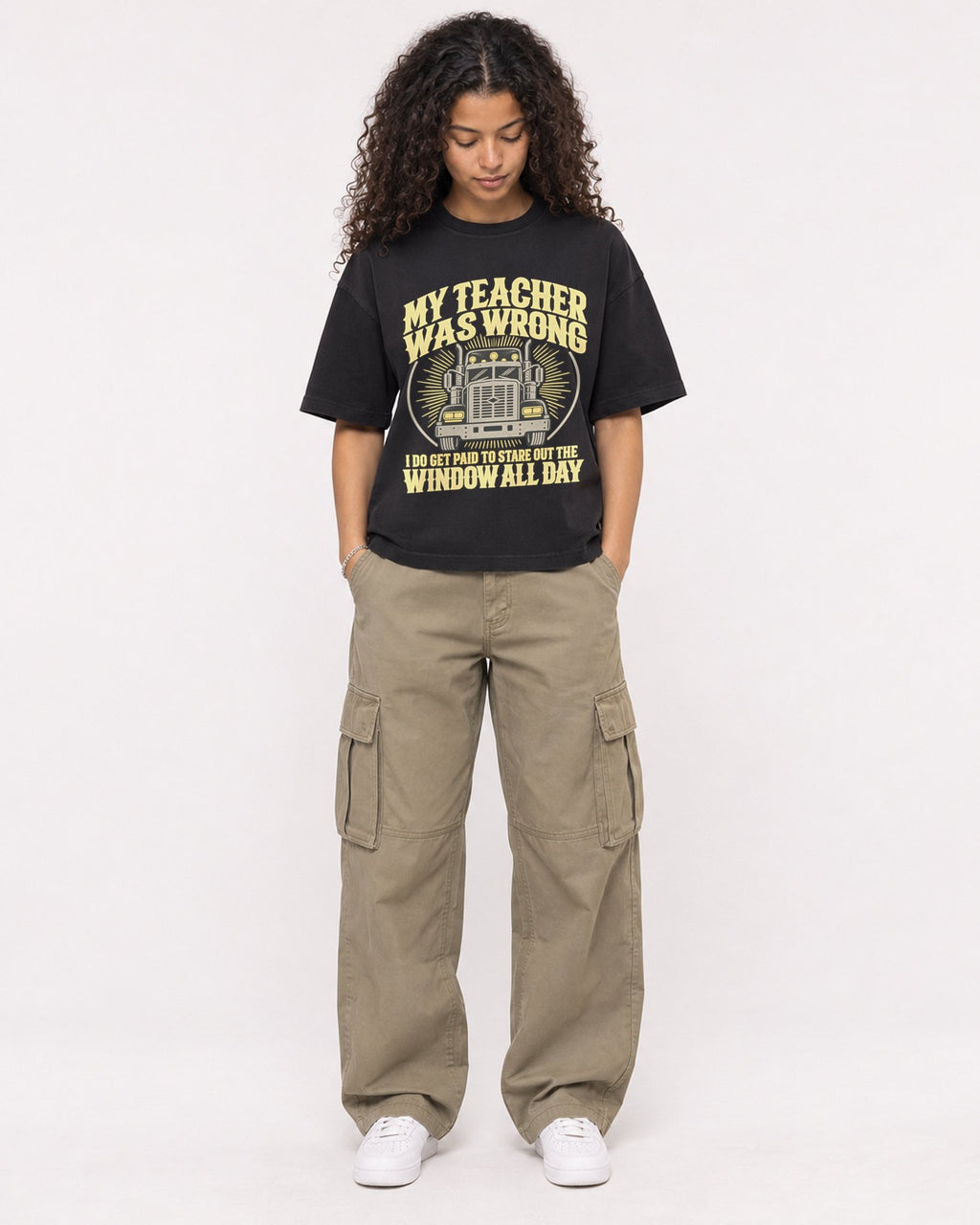 Mockup Boxy Heavyweight Tee Black female full-body 10