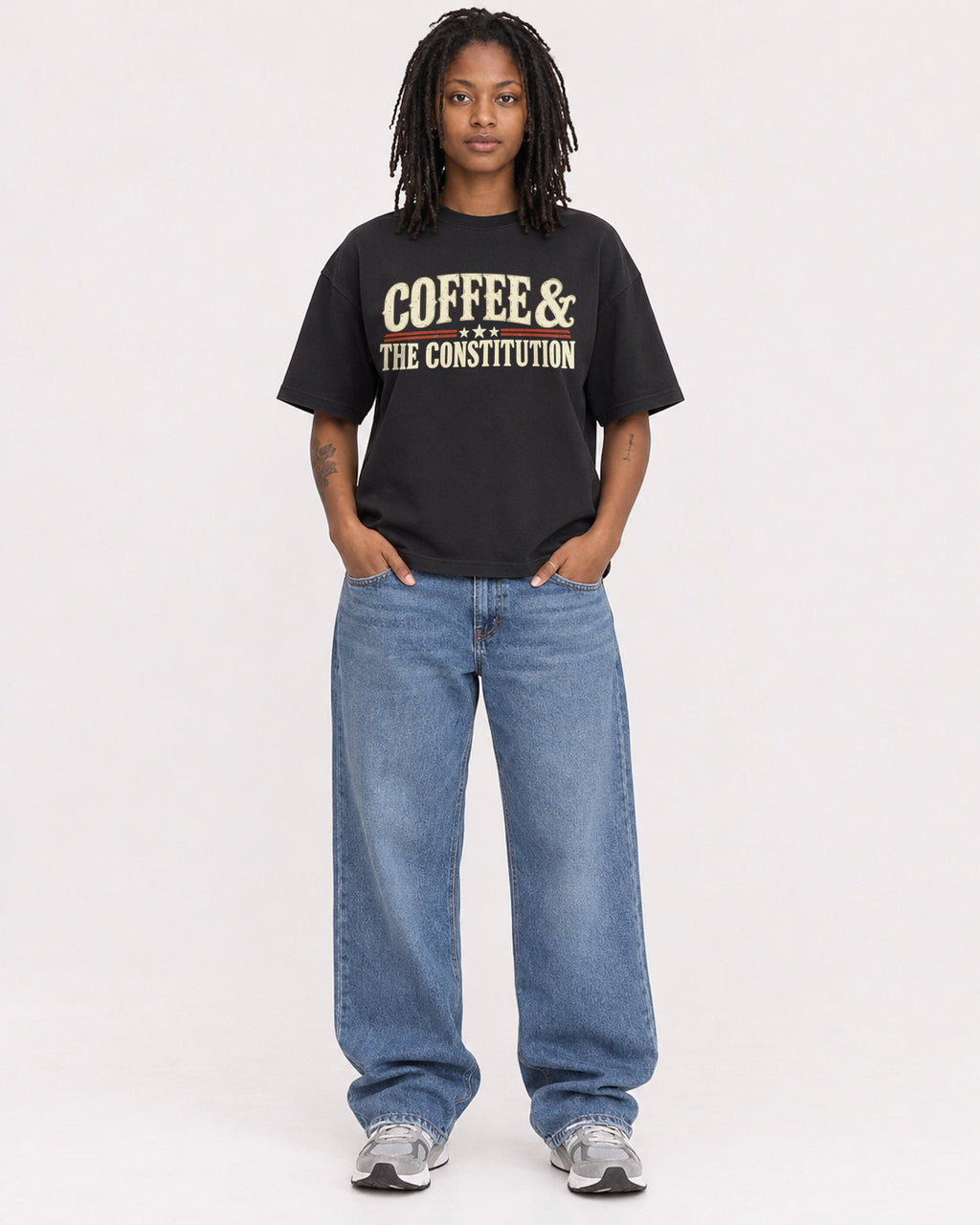 Mockup Boxy Heavyweight Tee Black female full-body 24