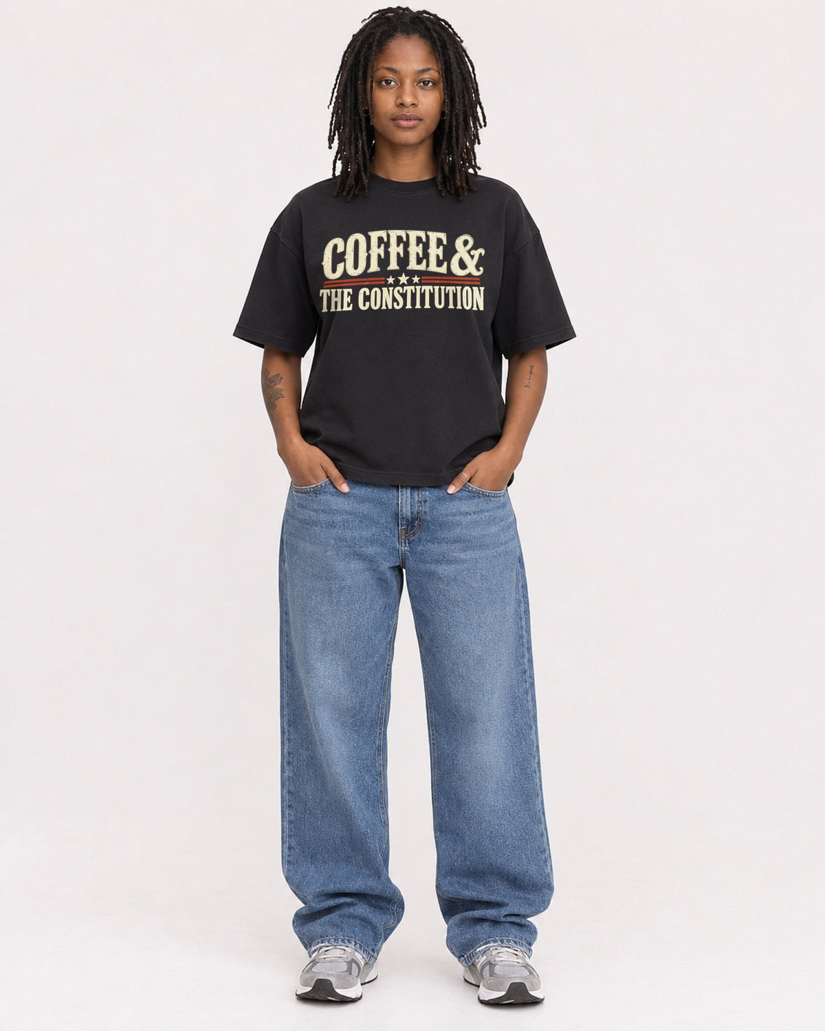 Mockup Boxy Heavyweight Tee Black female full-body 24
