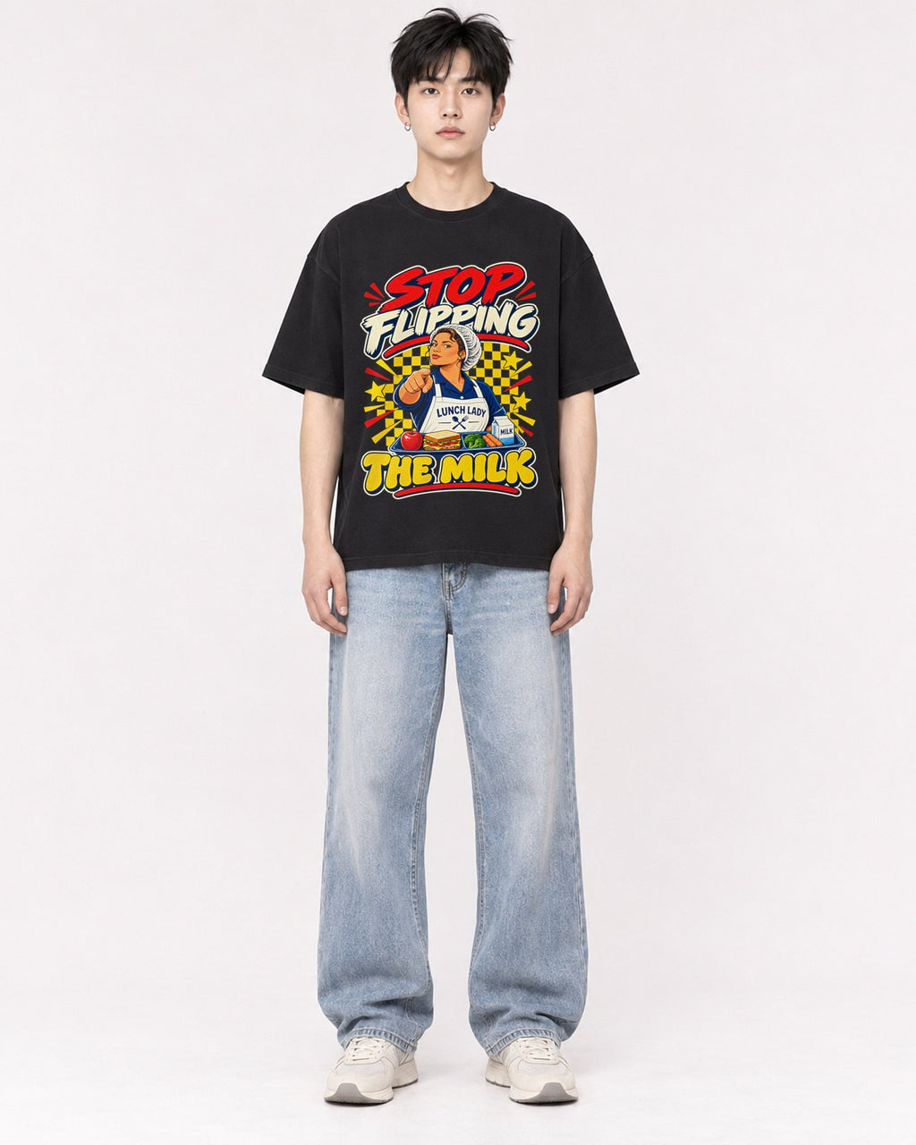 Mockup Boxy Heavyweight Tee Black male full-body 01