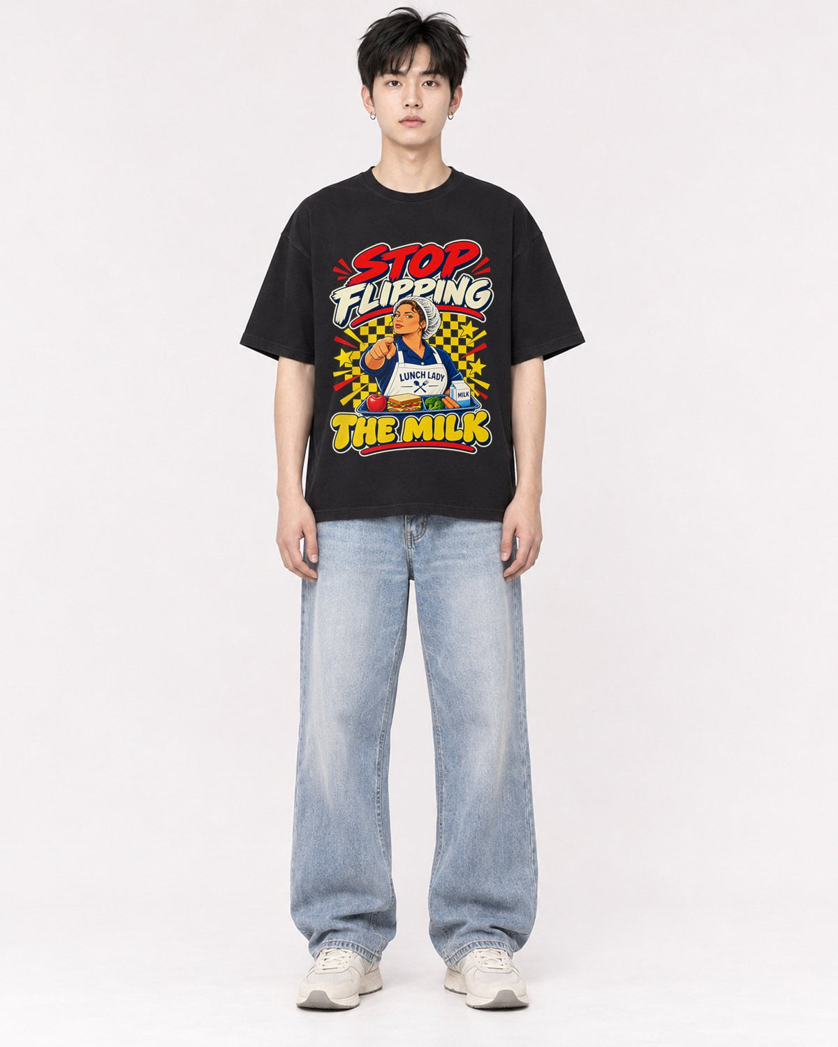 Mockup Boxy Heavyweight Tee Black male full-body 01