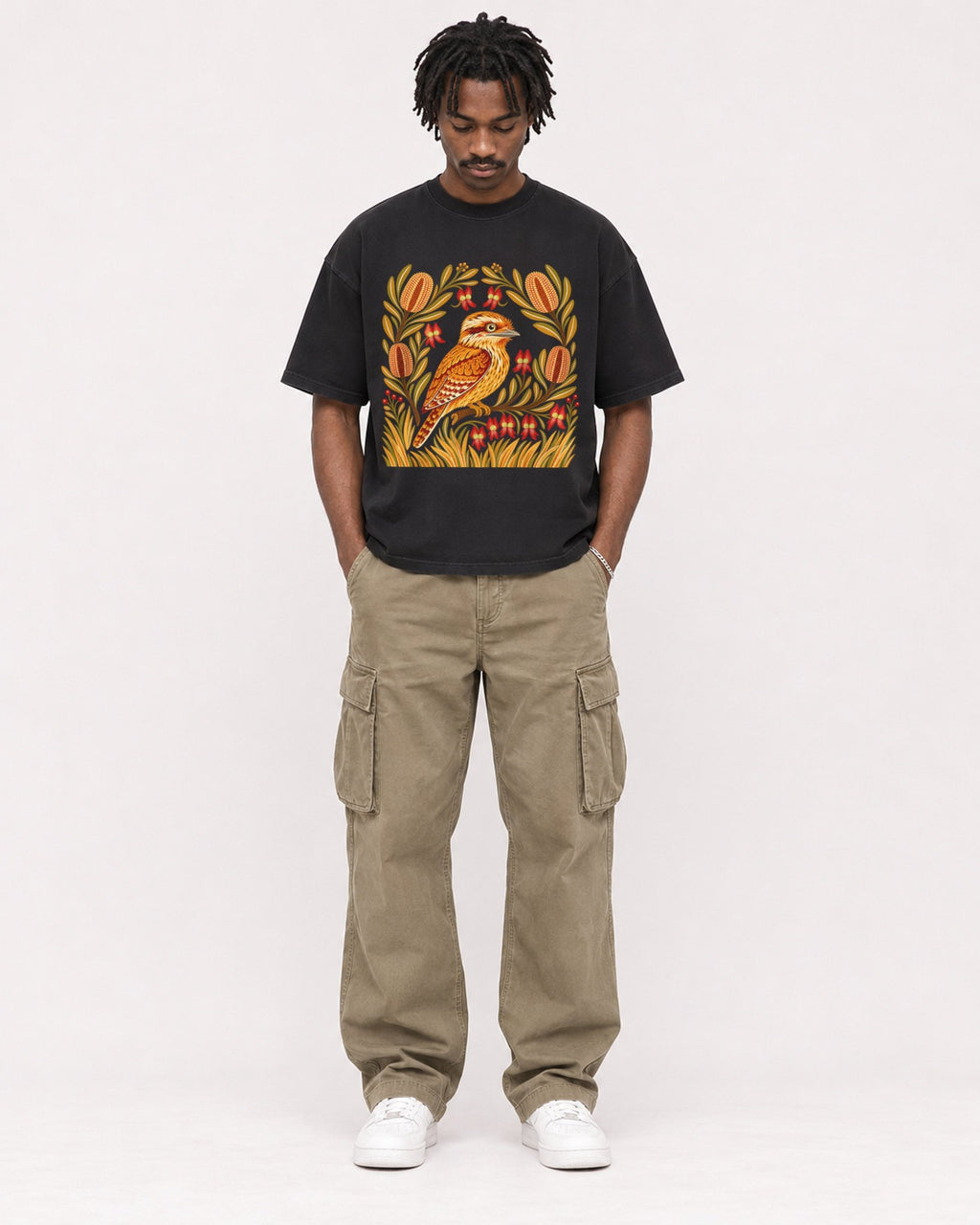 Mockup Boxy Heavyweight Tee Black male full-body 04