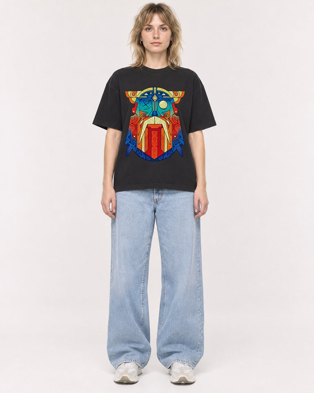 Mockup Boxy Heavyweight Tee Black female full-body 19